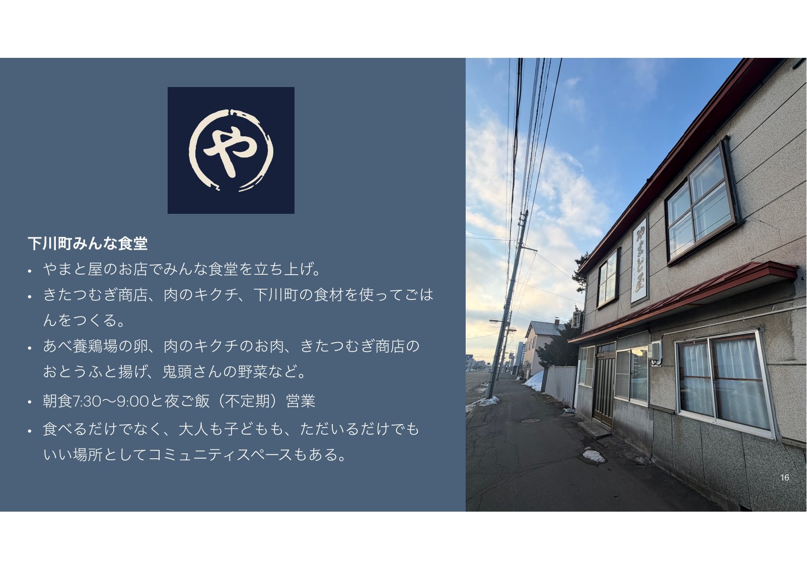 下川町みんな食堂のスライド。やまとやの外観写真が添えられている